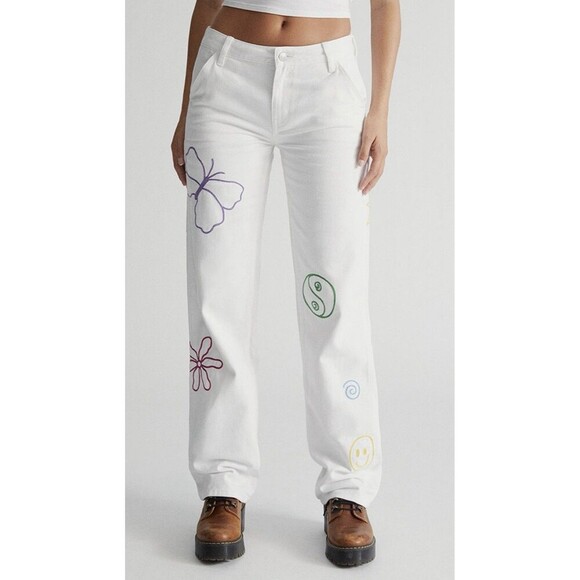 PacSun Pants - PacSun Women's Low Rise Carpenter Pants Size 22 Embroidered White Cotton